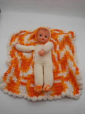 #ad Vintage Handmade Crochet Knit Baby Doll Attached Blanket Vinyl Head amp; Hands