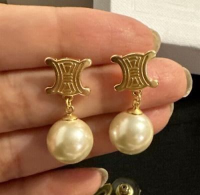 #ad Genuine Natural Pearl 3Ct Round Cut Drop Dangle Earrings 14K Yellow Gold Plated