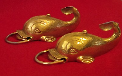 Pair Of Brass Hook Hanger Gold Fish Figurine Vintage 
