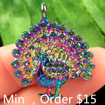 #ad B64554 Rainbow Tibetan Silver Peacock Pendant Bead 35x29x3mm