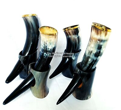 #ad set of 4 Viking drinking horn brass molding decoration with genuine horn stand