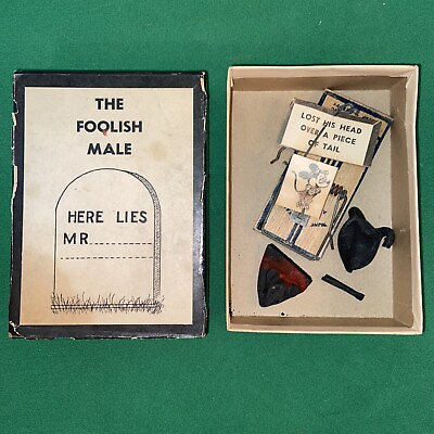 Vtg 1950 60’s THE FOOLISH MALE HERE LIES MR.. Box Loose Head Over Tail Gag Gift