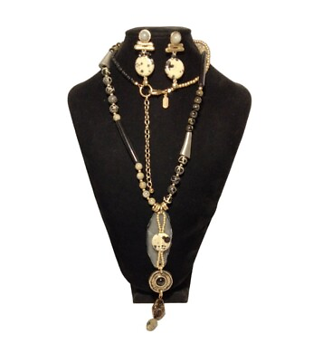 #ad OTreska Black cream Goldtone Modern Boho Beaded 34quot; Long Necklace amp; Earrings Set