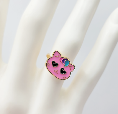 #ad Girl#x27;s Child#x27;s Gold Tone Enamel Pink Cat Kitten Size 4 Adjustable Ring Cute