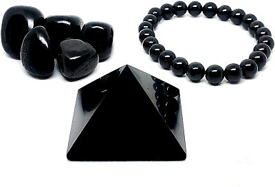 #ad Shungite Set Kit Contains: 2quot; Pyramid 8mm Bead Bracelet and 5 Tumbled Stones