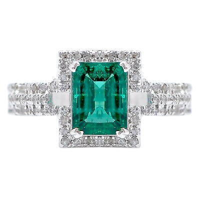 #ad 2.10 Carat Natural Zambian Emerald IGI Certified Diamond Ring In 14KT White Gold