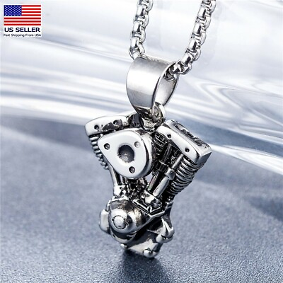 #ad Men Stainless Steel Casting Two stroke Motorcycle Engine Pendant Necklace 0311