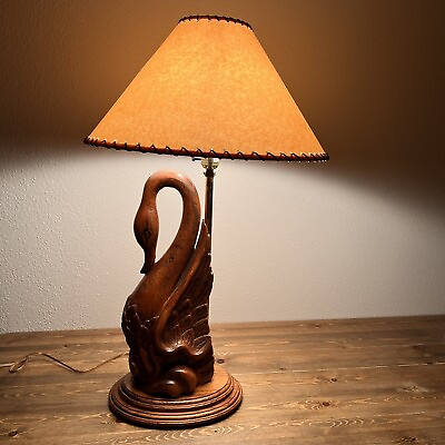 #ad Vintage 1988 Bella Lighting Carved Heavy Oak Wood Table Lamp Swan 30” Sculpture