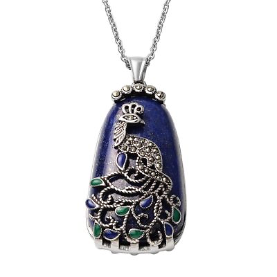 Lapis Lazuli Swiss Marcasite Enameled Stainless Steel Peacock Pendant Chain 20quot;
