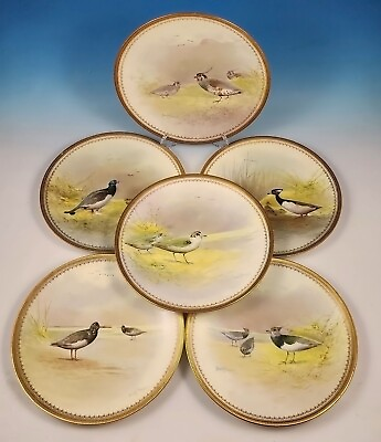 #ad 6 Antique Royal Doulton Hand Painted Bird Gamebird Plate Set Joseph Hancock 1903