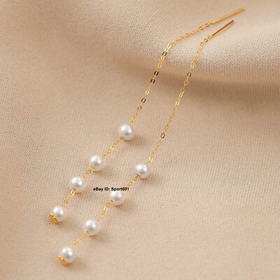 #ad Real 18K Yellow Gold O Chain with Natural Pearl Beads Women Dangle Earrings Line