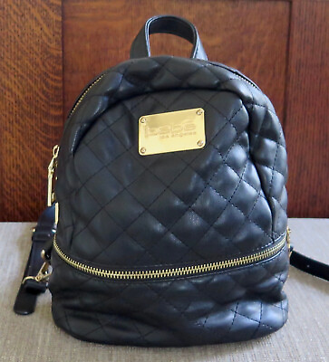 #ad BEBE Danielle Black with Gold Trimming Quilted Mini Backpack Faux Leather