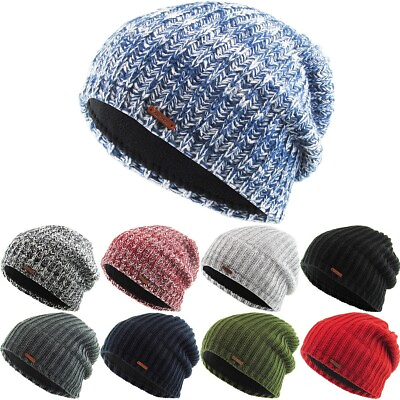 Mens Womens Winter Thermal Fleece Lined Insulated Knit Slouch Beanie