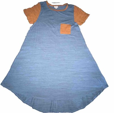#ad B LuLaRoe Carly Dress Sz M Blue w Orange Pocket Sleeves Collar