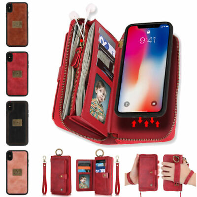 For iPhone 15 14 13 12 Pro Max Women Purse Leather Zipper Detachable Wallet Case