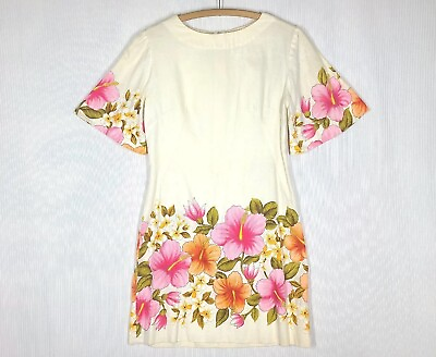 #ad Vtg 60s Hawaiian Mini Dress Cotton Border Print XS S Pink Hibiscus Bell Sleeve