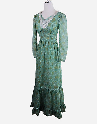 #ad Vintage 70s Candi Jones California Maxi Prairie Dress Green Floral Boho Hippie
