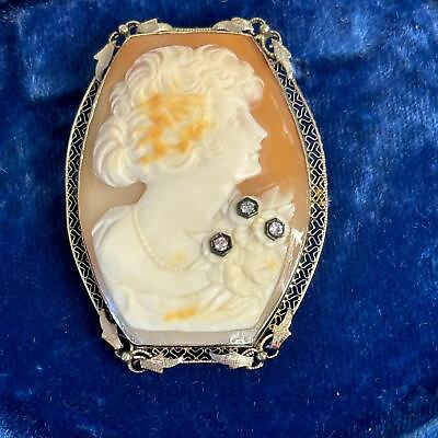 #ad Victorian 14K White Gold Carved Cameo amp; Three Diamonds Brooch Pendant