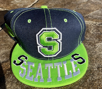 #ad SEATTLE Hat Adult OSFM Navy Blue Green Spellout Snapback Embroidered