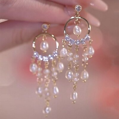 #ad Fashion Pearl Crystal Tassel Dreamcatcher Earrings Dangle Women Wedding Jewelry