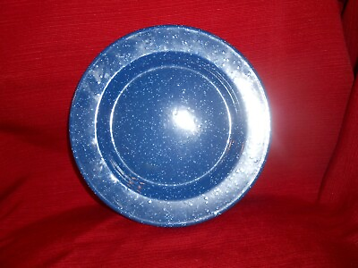 #ad Vintage Enamelware Dinner Plate Metal Blue Splatter Ware