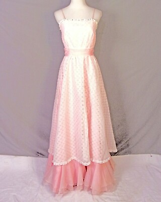 #ad vintage 60s 70s Baby Pink Eyelet Shell Taffeta Dress Big Ruffle Prom Formal 5 6