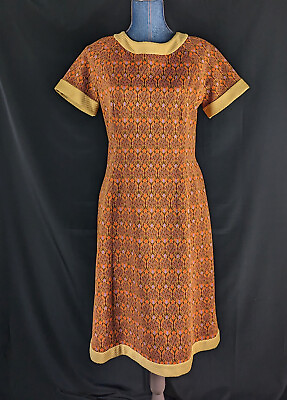 #ad Vintage 60s Dress Size L Polyester Short Sleeve A Line Rust Retro Mod Above Knee