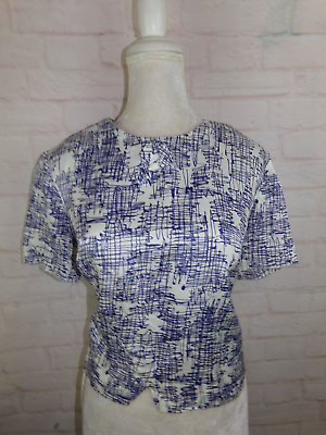 #ad Vintage Satin women#x27;s size L Blue and White Abstract Short Sleeve Top