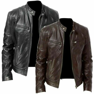 Mens Retro Leather Jacket Motorcycle Stand Collar Biker Coat Zip Up Outwear Top