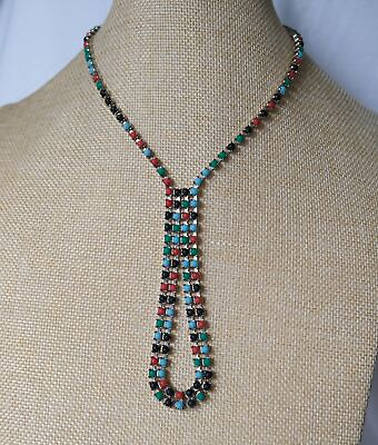 1960#x27;s VINTAGE GLASS CABOCHON COLORFUL RHINESTONE WATERFALL PENDANT NECKLACE