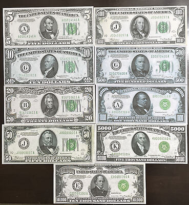 Reproduction 1934 Federal Reserve Note Set $5 $10000 Complete Set See Below