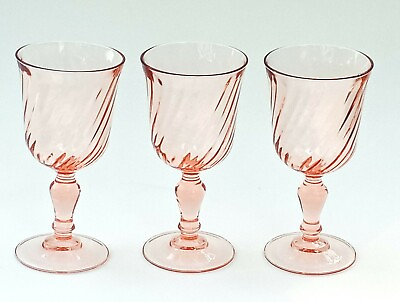 3 Rosaline Pink Swirl Glass Wine Goblets VTG Luminarc Arcoroc France Stemware