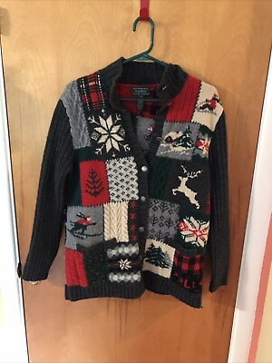 #ad Vintage Hand Knit For Ralph Lauren Christmas Sweater Cardigan 100% Wool Size M