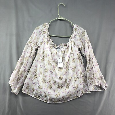 #ad New Rue21 Long Sleeve White Purple Floral Off Shoulder Blouse Size XL Women