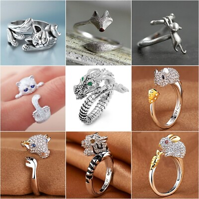 Handmade Animal Cat Rings Gift for Fashion Women 925 Silver Jewelry Adjustable
