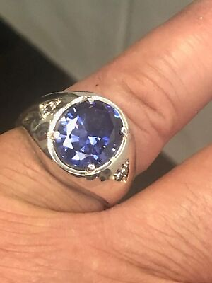 #ad Natural 925 Sterling Silver Synthetic Sapphire Men hollow Ring available size