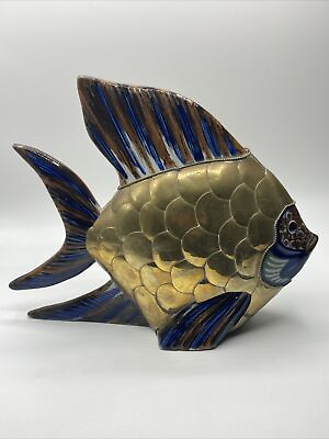 Mid Century Mixed Metal and Pottery Brass Ceramic Fish Sculpture Vintage Display