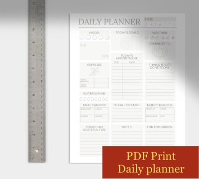 Printable Daily Planner Downloadable PDF Size 8.5x 11” meal exercise tracking