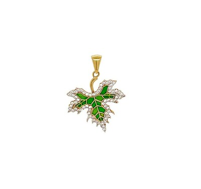 #ad 14k Gold CZ Green Maple Leaf Yellow Gold Charm