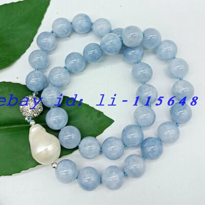 #ad Fashion 12mm Blue Aquamarine Round Gems Beads amp; White Baroque Pearl Necklace 18quot;