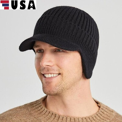 #ad #ad Men Women Knit Hat Winter Warm Stretch Beanie Ear Flaps Cap Outdoor Brim Ski Hat