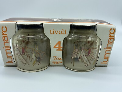 Vintage Tivoli Luminarc Glasses Set Of 4 NIB Orig Pkg Smoked Glass Feather Wheat
