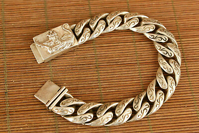chinese Asian old tibet silver hand cast tiger statue bracelet jewel gift nice