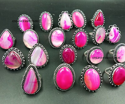 #ad Pink Botswana Agate Gemstone 925 Silver Plated 10 PCs Designer Ring Lot For HER