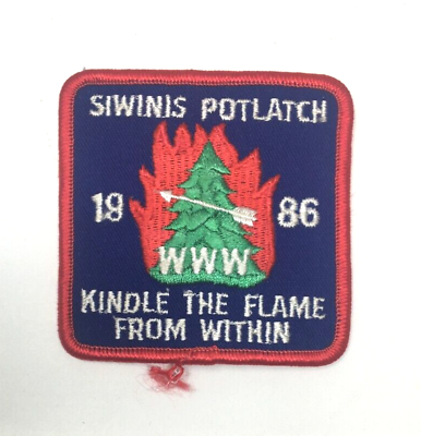 PATCH BSA Boy Scouts Siwinis Potlatch 1986 Kindle the Flame from Within WWW