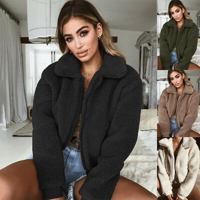 #ad Womens Warm Thick Teddy Bear Coat Pocket Fleece Jacket Zip Up Outwear Overcoat