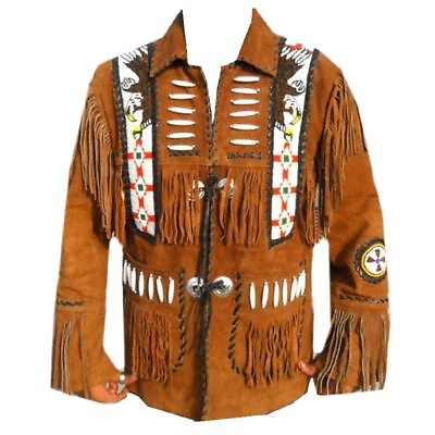 #ad Men Traditional Western Cowboy Leather Jacket coat with fringe and beads