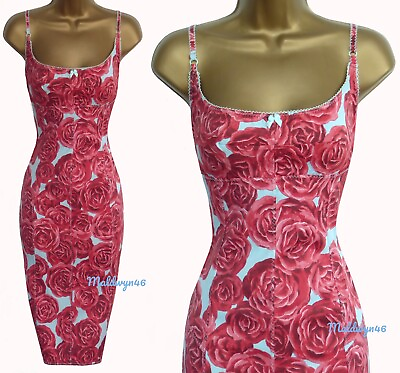 #ad KAREN MILLEN ✩ STUNNING VINTAGE BLUE RED ROSE CORSET SLIP WIGGLE DRESS ✩ UK 8
