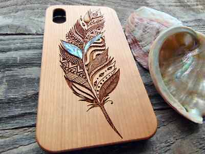 Feather design wooden phone case with abalone inlay