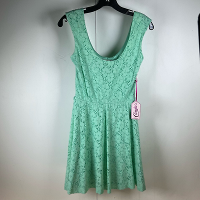 #ad Candie#x27;s Womens Skater Dress Green Floral Stretch Scoop Neck Lace Zipper S New